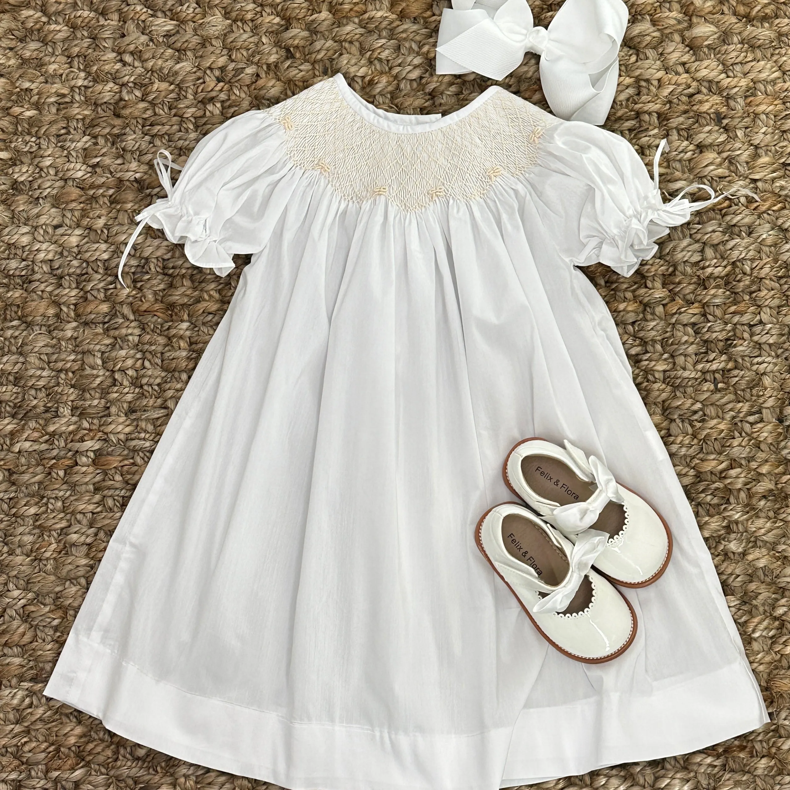 White Smocked Heirloom Bishop Dress with Cream Smocking