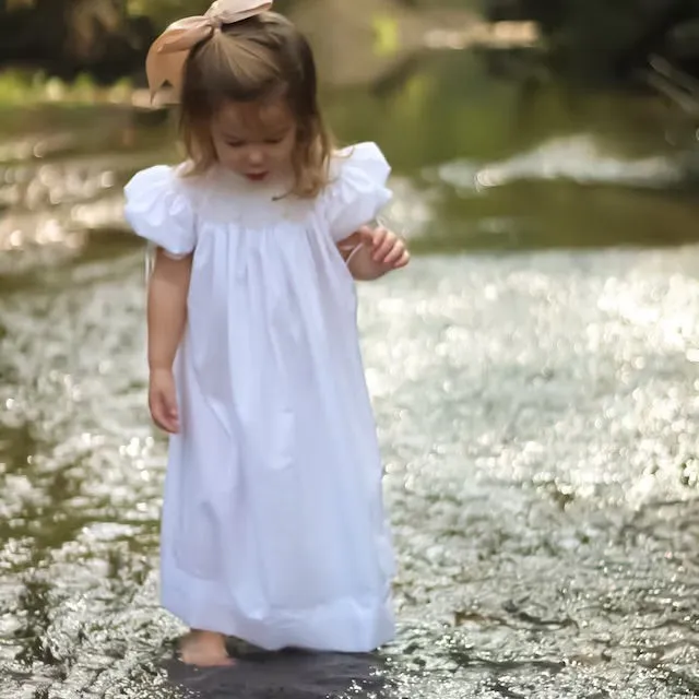 White Smocked Heirloom Bishop Dress with Cream Smocking