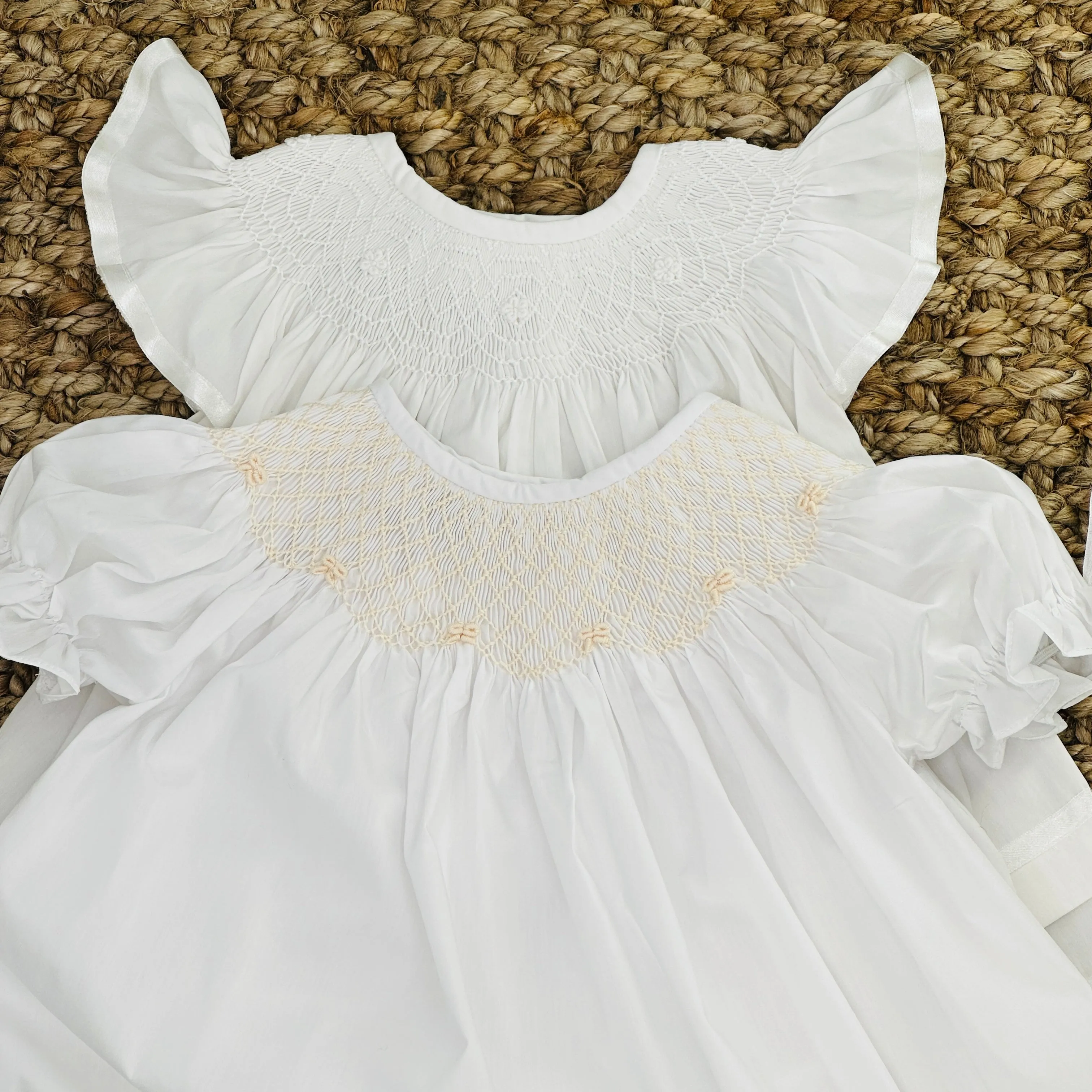 White Smocked Heirloom Bishop Dress with Cream Smocking