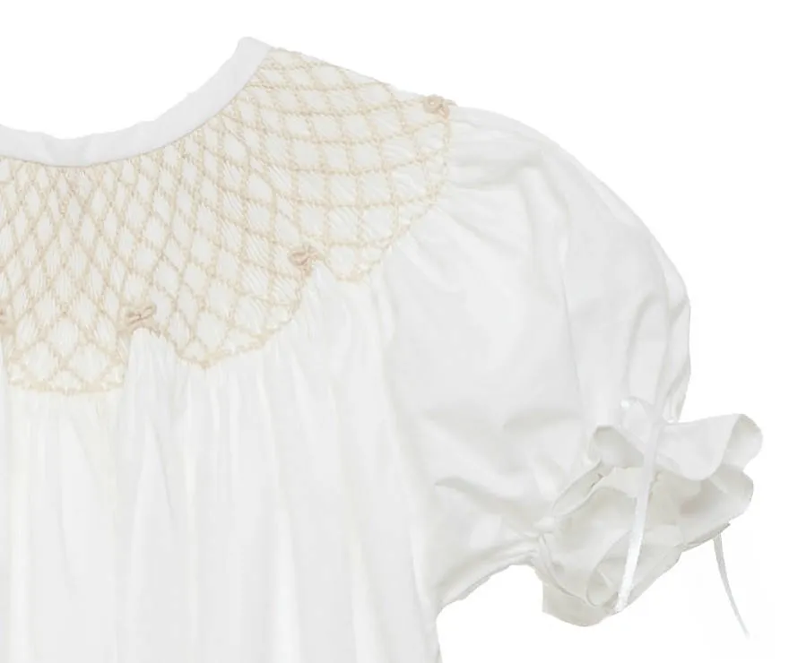 White Smocked Heirloom Bishop Dress with Cream Smocking