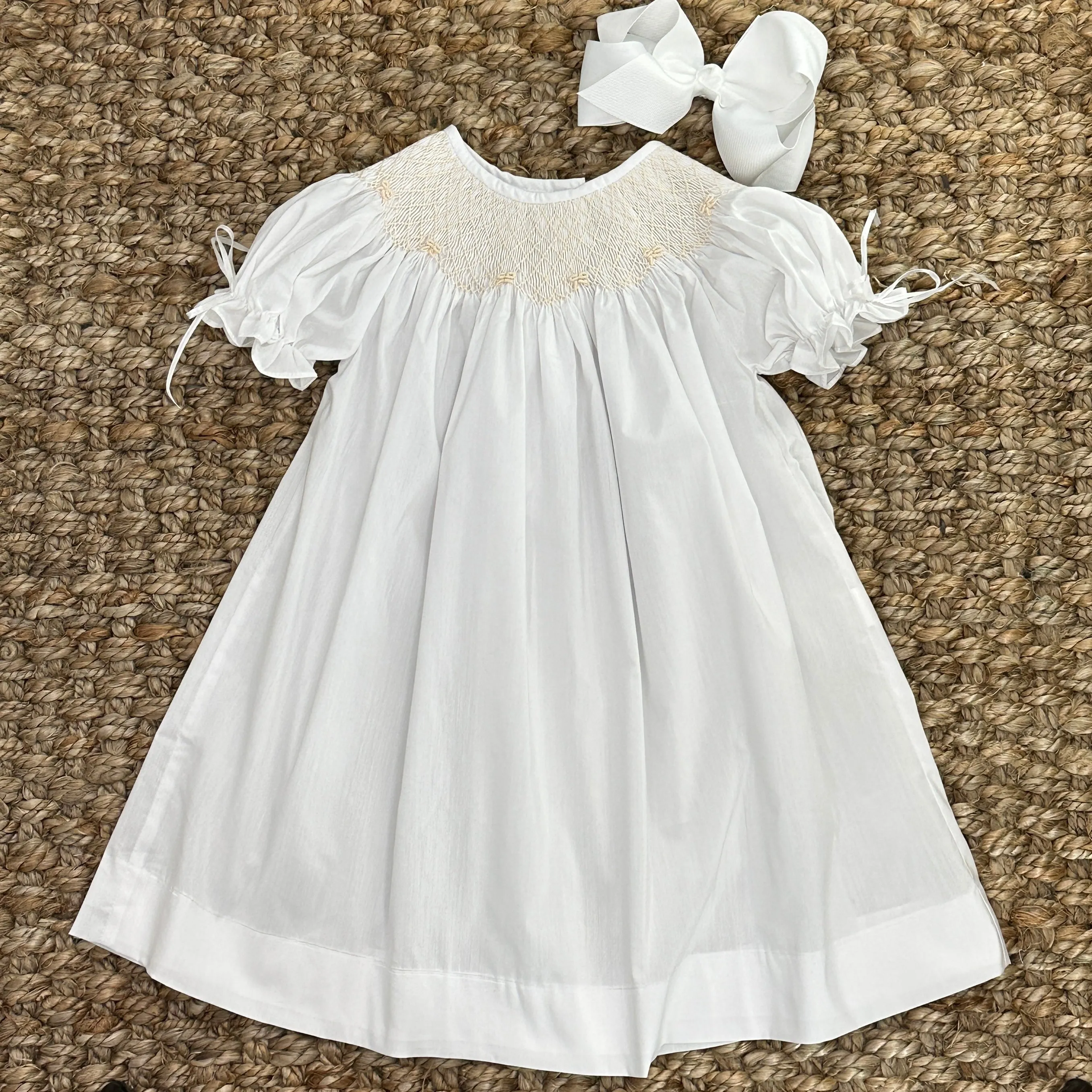 White Smocked Heirloom Bishop Dress with Cream Smocking