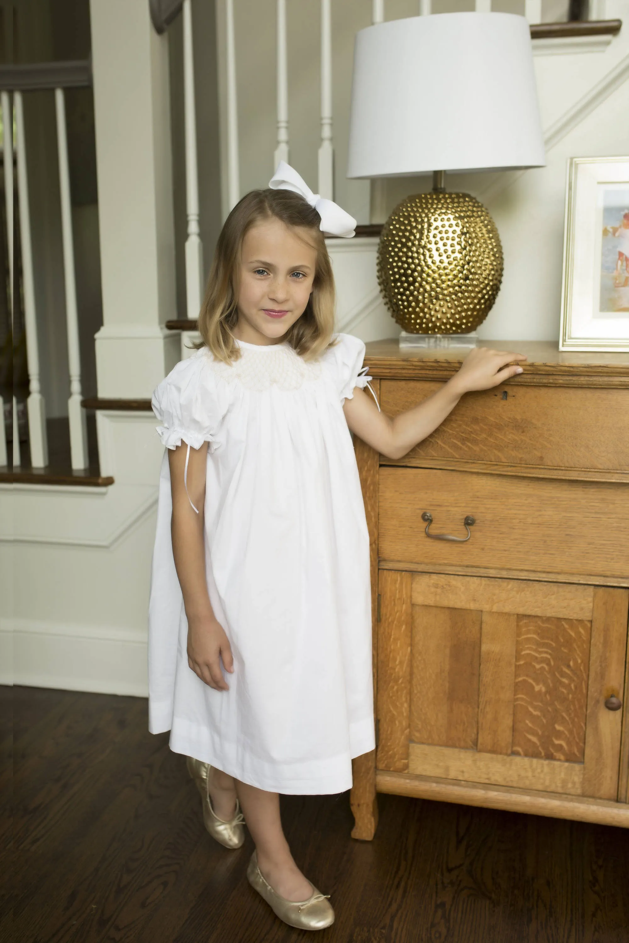 White Smocked Heirloom Bishop Dress with Cream Smocking