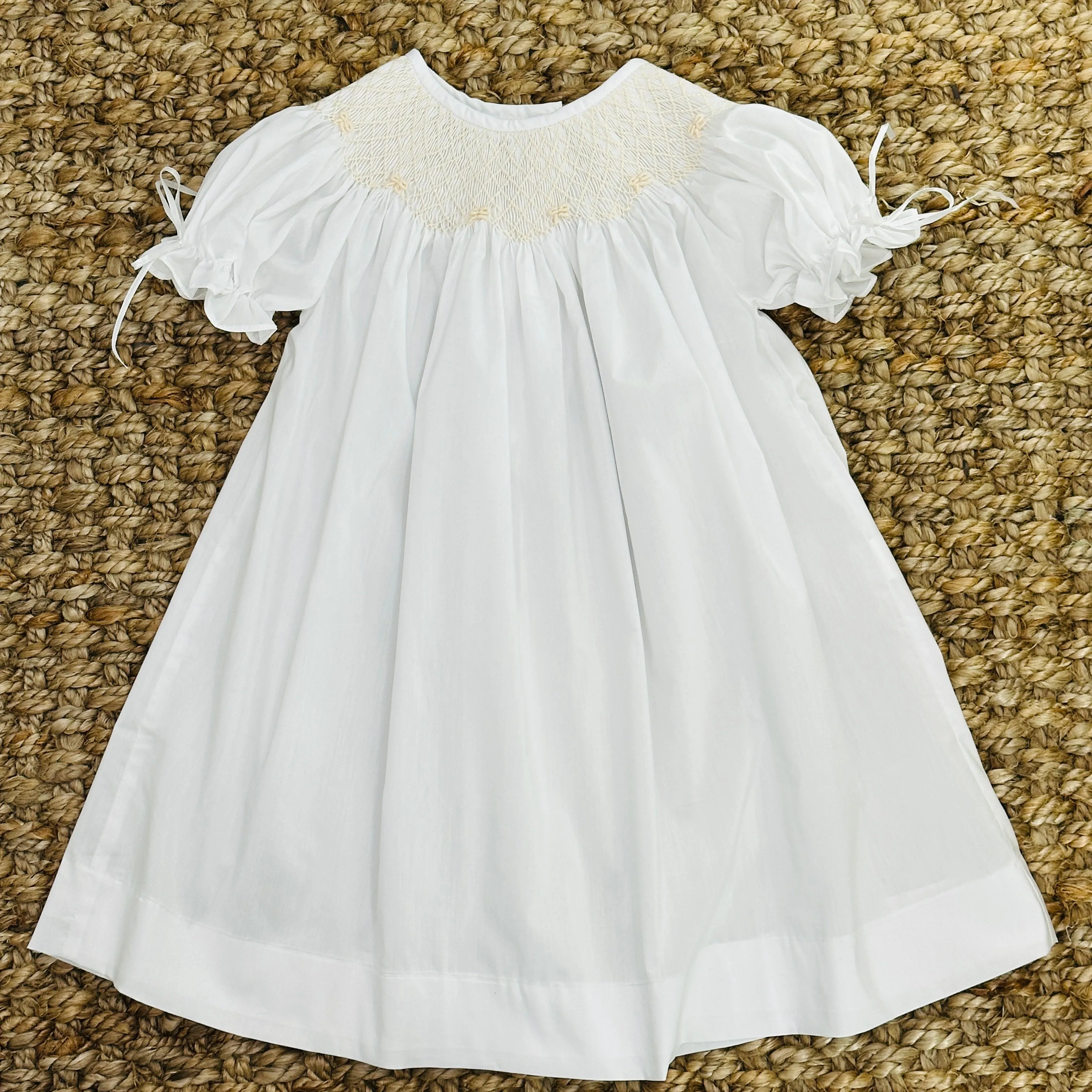 White Smocked Heirloom Bishop Dress with Cream Smocking