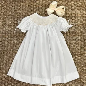 White Smocked Heirloom Bishop Dress with Cream Smocking