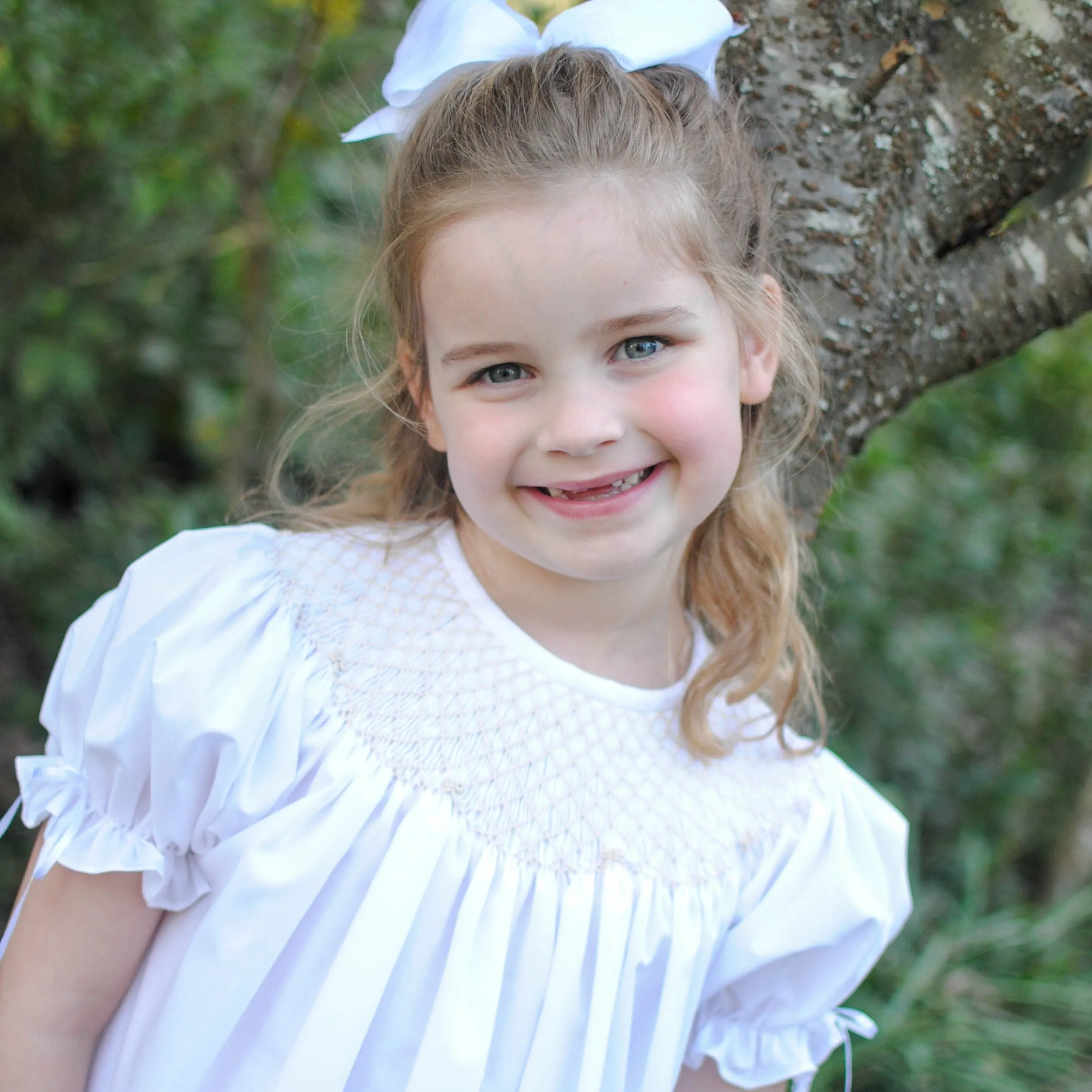 White Smocked Heirloom Bishop Dress with Cream Smocking