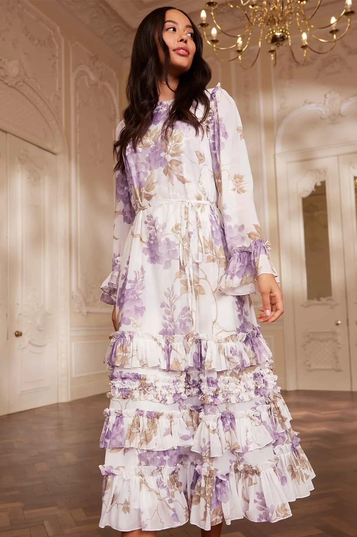 Wisteria Chiffon Round Neck Ankle Gown