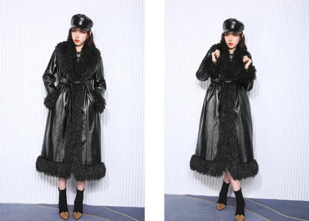 Women's Faux-Fur-Trim Faux-Leather Trench Coat