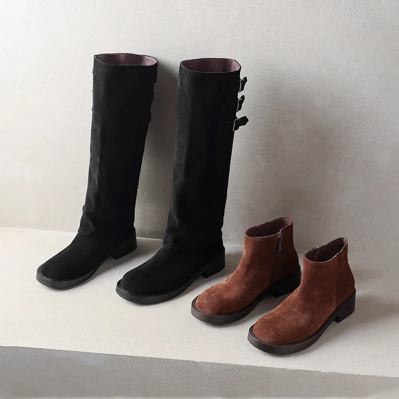 Women's Round-Toe Block Heel Knee High Boots & Short Ankle Boots In Black/Brown for Autumn