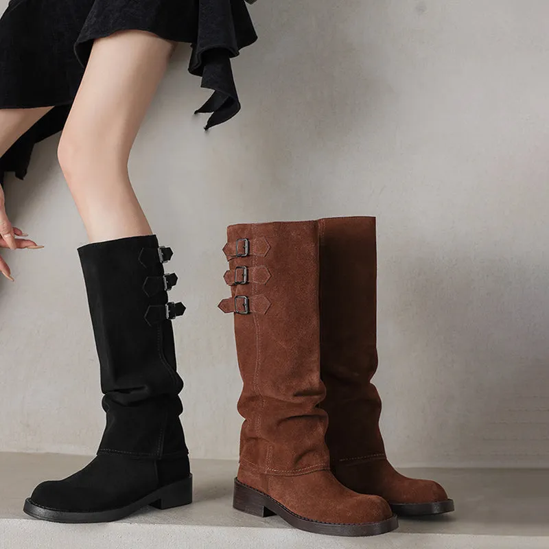 Women's Round-Toe Block Heel Knee High Boots & Short Ankle Boots In Black/Brown for Autumn