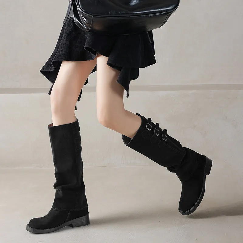 Women's Round-Toe Block Heel Knee High Boots & Short Ankle Boots In Black/Brown for Autumn