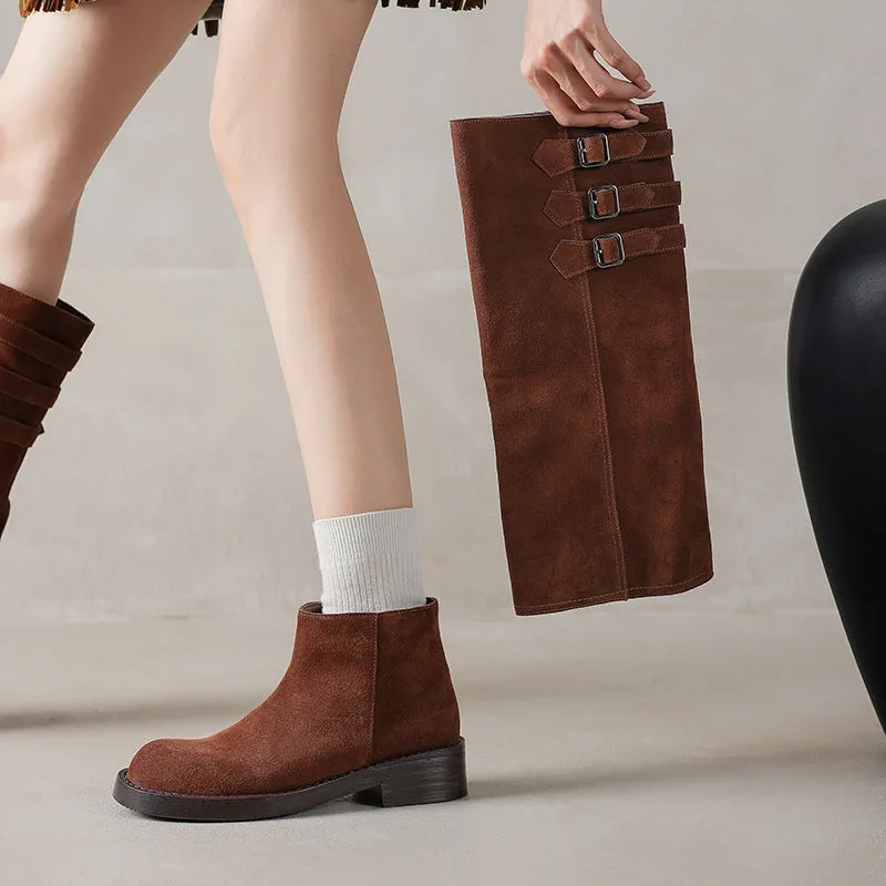 Women's Round-Toe Block Heel Knee High Boots & Short Ankle Boots In Black/Brown for Autumn