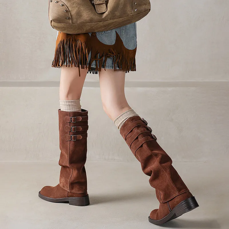 Women's Round-Toe Block Heel Knee High Boots & Short Ankle Boots In Black/Brown for Autumn