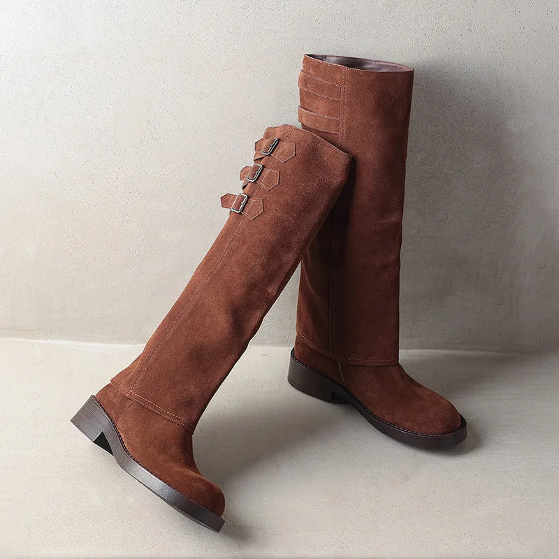 Women's Round-Toe Block Heel Knee High Boots & Short Ankle Boots In Black/Brown for Autumn