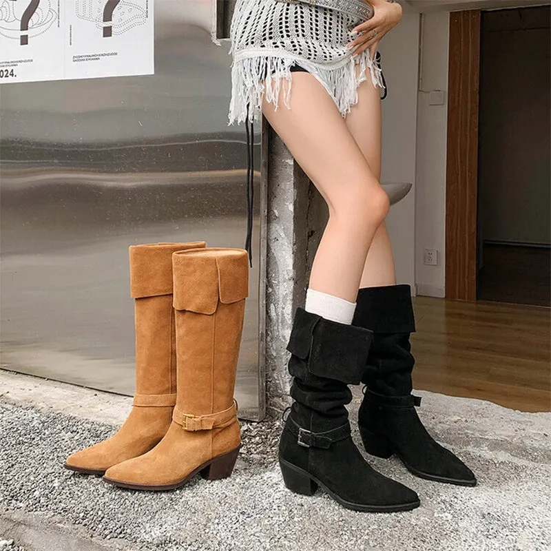 Women's Western R Toe Block Heel Folded Knee High Boots In Black/Camel for Autumn